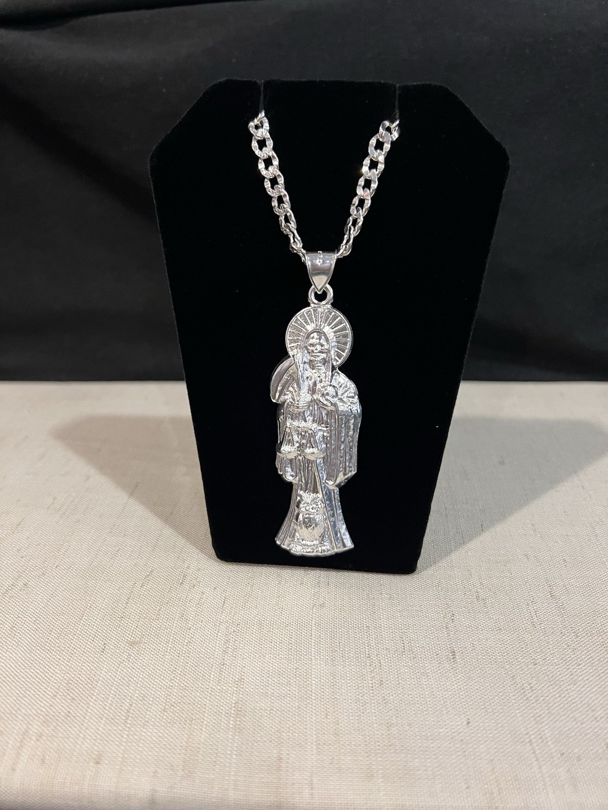 925 Sterling Silver Mens Big Santa Muerte Grim Reaper & Deck Curb Chain 22 26 30