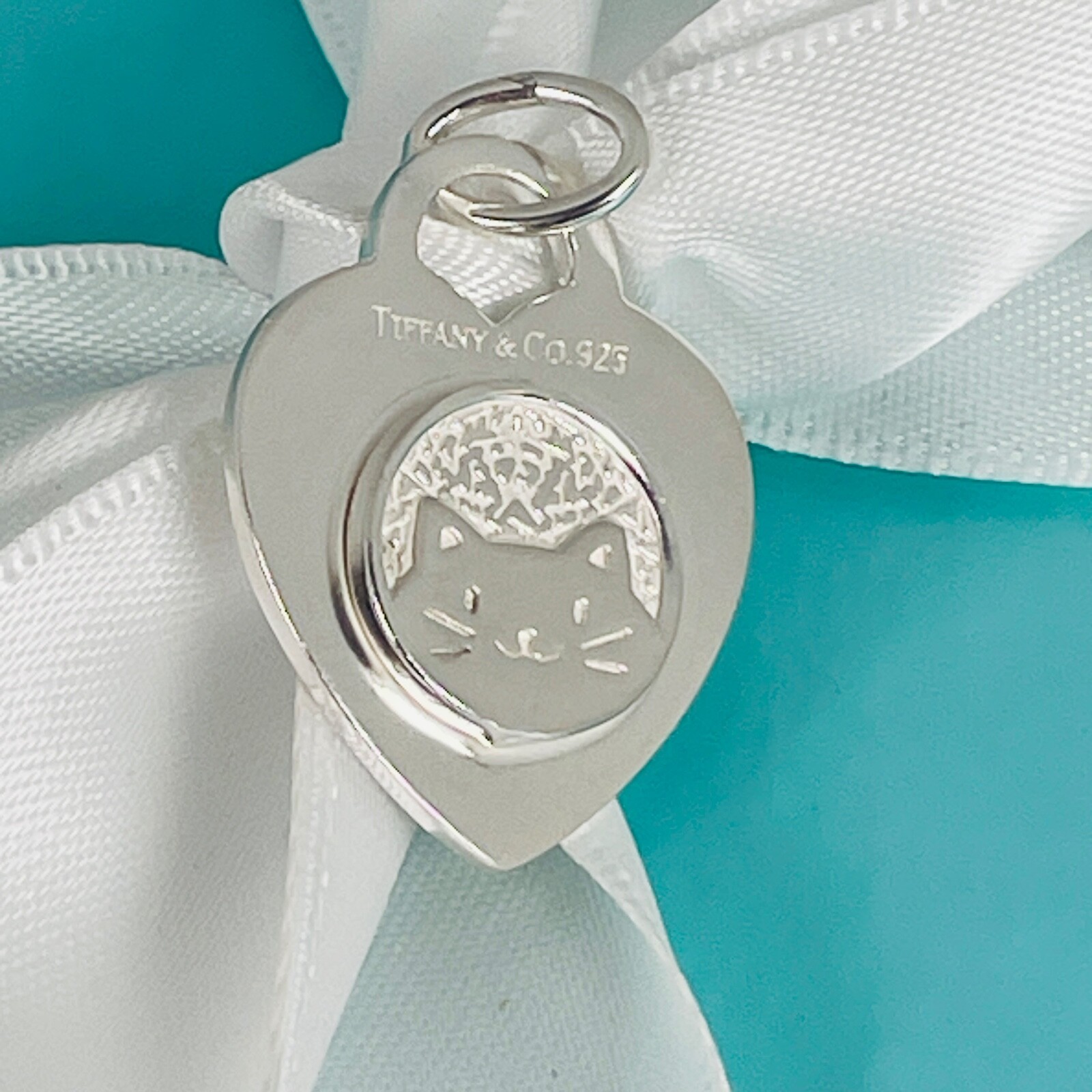 Customized Bedazzled Embellished Tiffany Silver Cat Heart Tag Charm Or Pendant