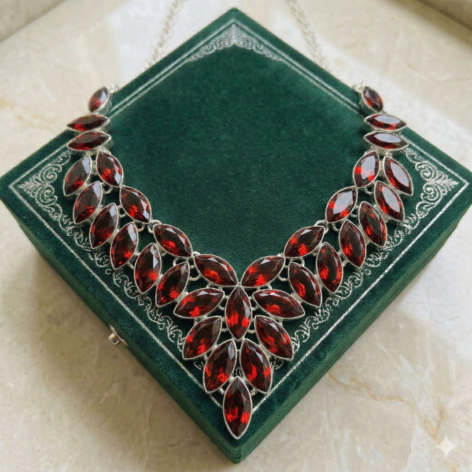 Mozambique Red Garnet Gemstone Necklace 925 Sterling Silver Leaf Statement Bib
