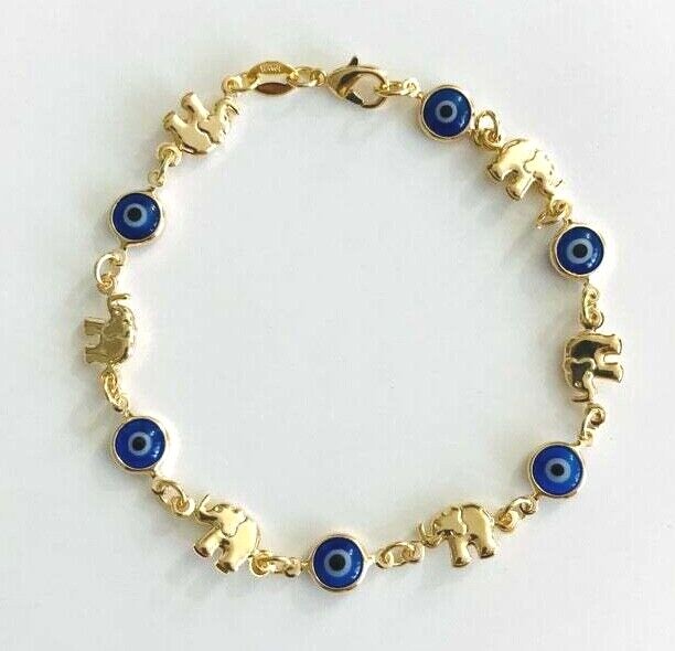 18K Gold Filled Blue Eye,Elephant Adult Bracelet/Pulsera Elefante,Ojo 7.75″-B136