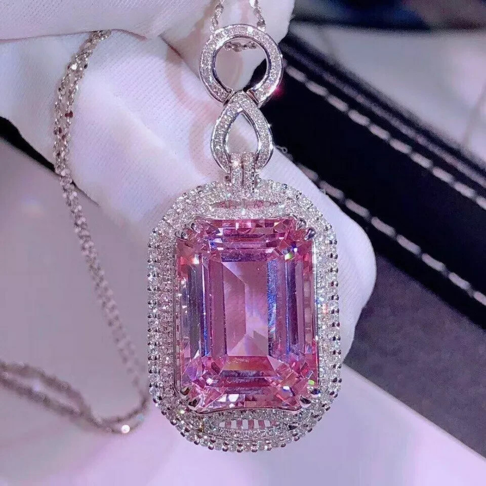 5Ct Emerald Pink Sapphire Cocktail Halo Pendant 14K White Gold Finish Free Chain