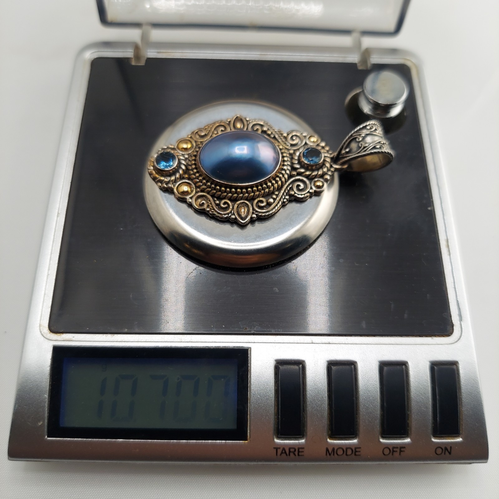 Vintage Balinese Sterling and 18k Pendant with London Blue Topaz and Blue Pearl