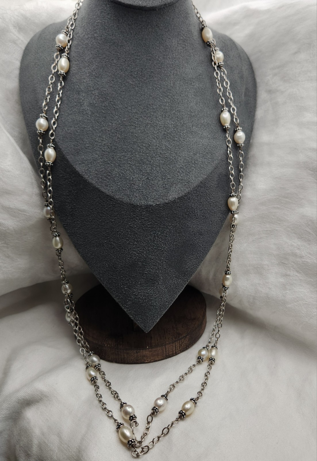 Set Of Two 32″ Honora Silver And Pearl Station Necklaces Signed 925