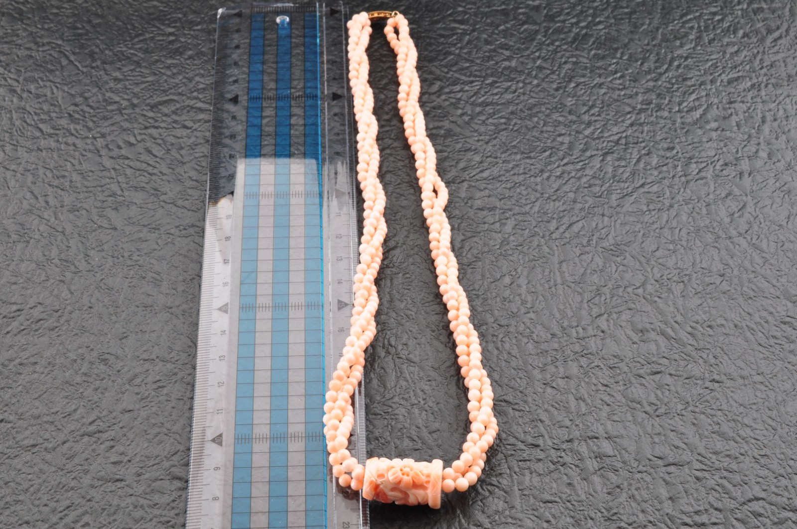 14k gold clasp pink coral necklace carved “cherry blossoms” Certification box.