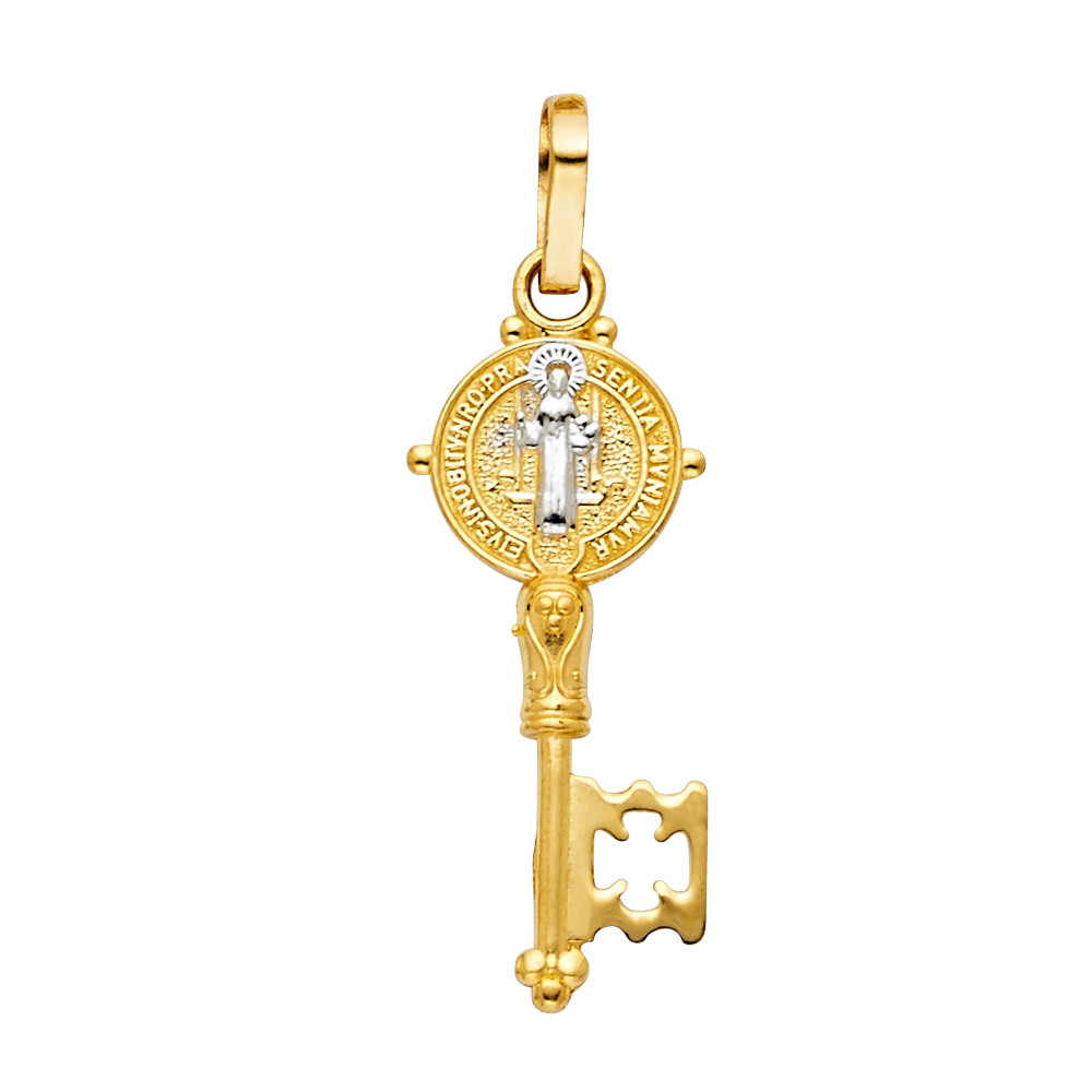 Small Tiny 14K Gold Saint Benedict Key Pendant – 1.3″ San Benito 2T Gold Charm