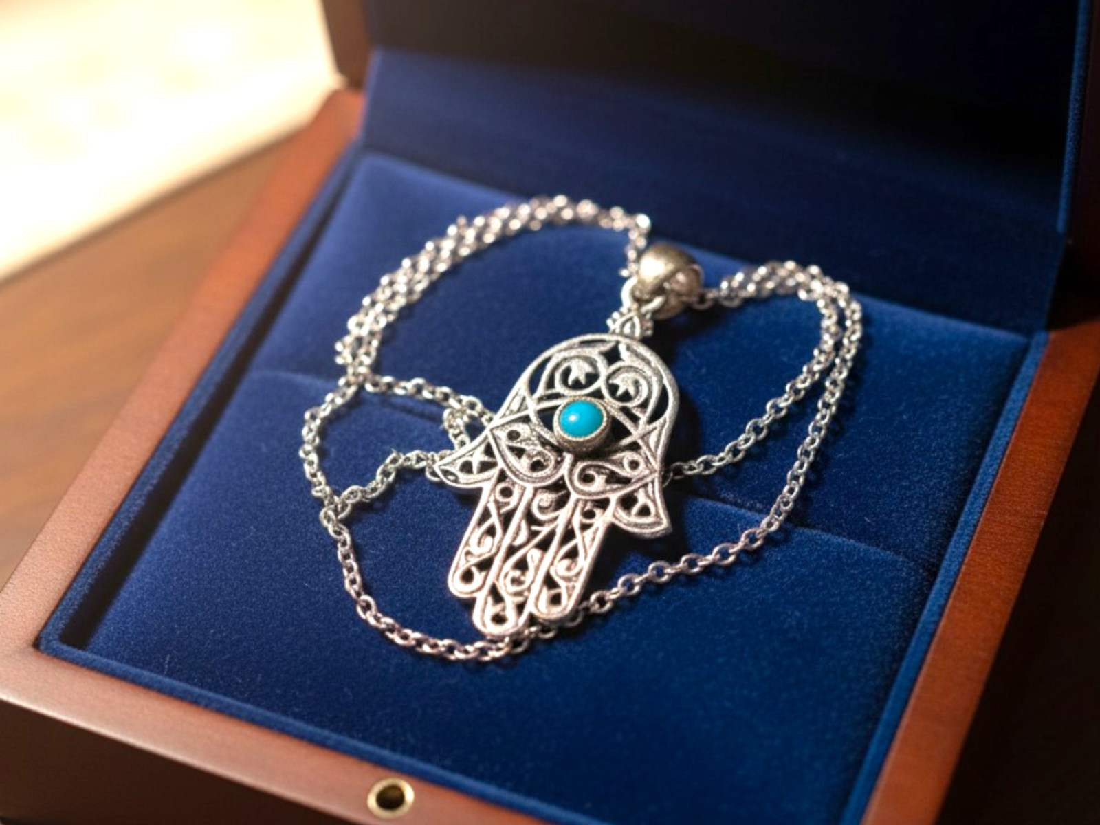 925 Sterling Silver Hamsa Hand Pendant With Turquoise Center Protection Amulet