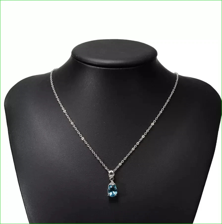Oval Aquamarine Teardrop Solitaire Pendant with White Gold Finish Free Chain