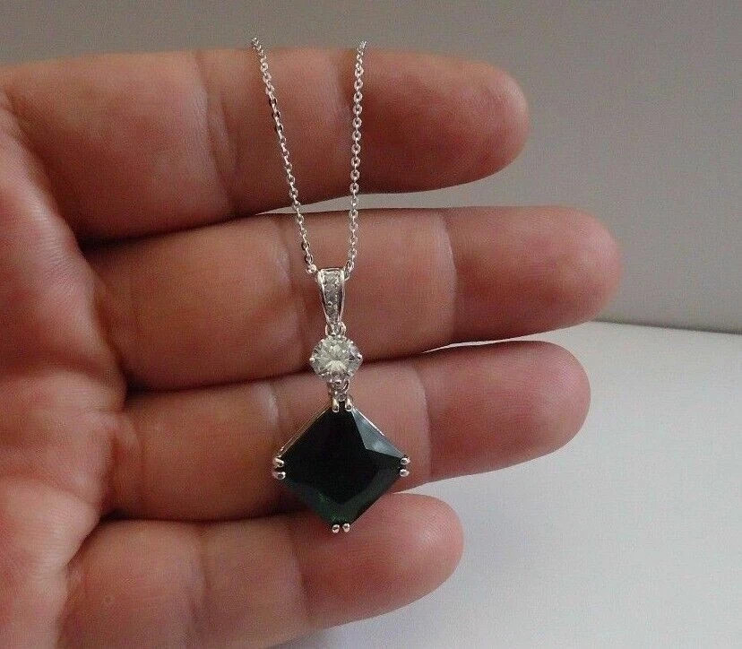 3Ct Cushion Cut Green Diamond Women’s Pendant 14K White GP Free Chain