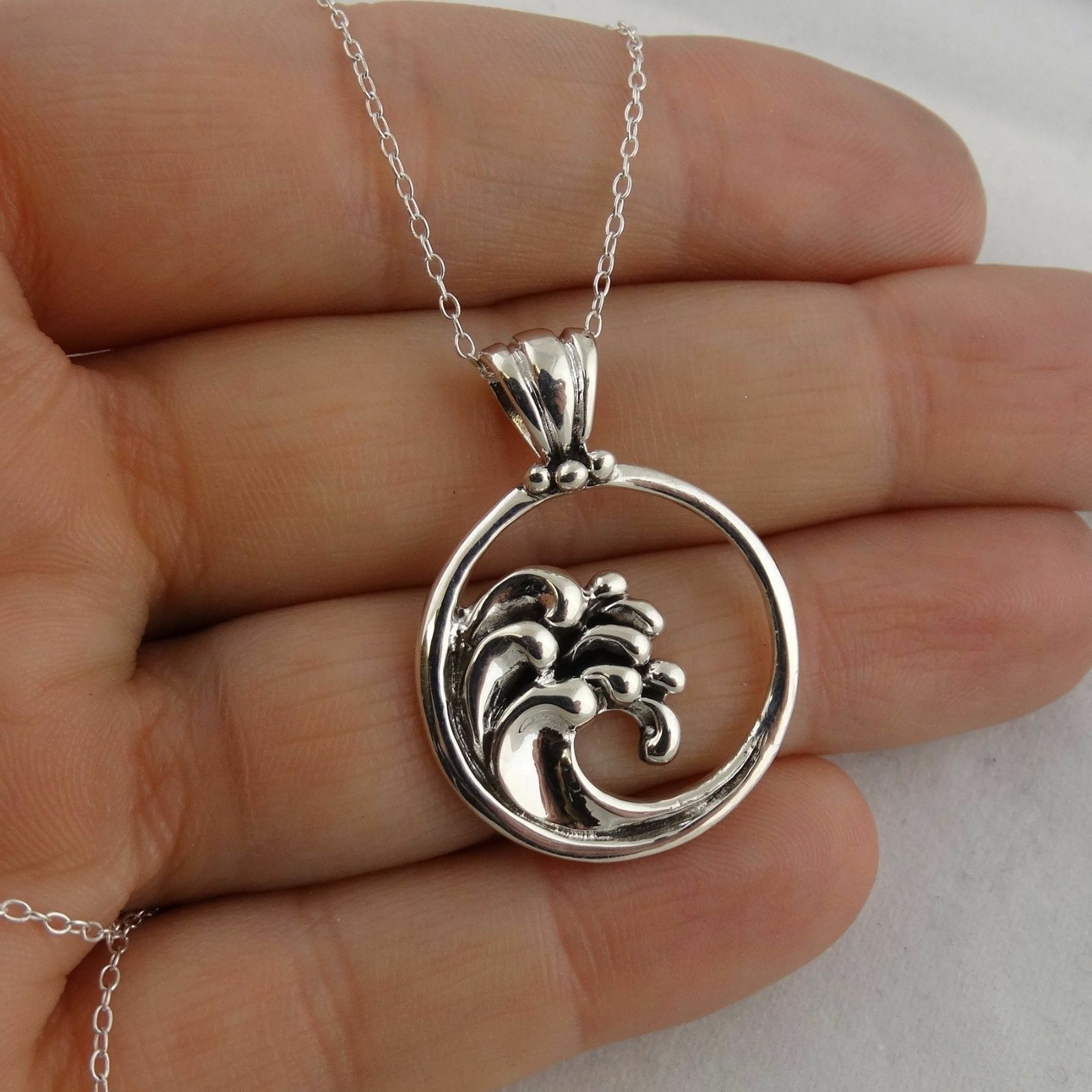Ocean Waves Necklace – 925 Sterling Silver – Pendant Surf Beach Wave Crashing