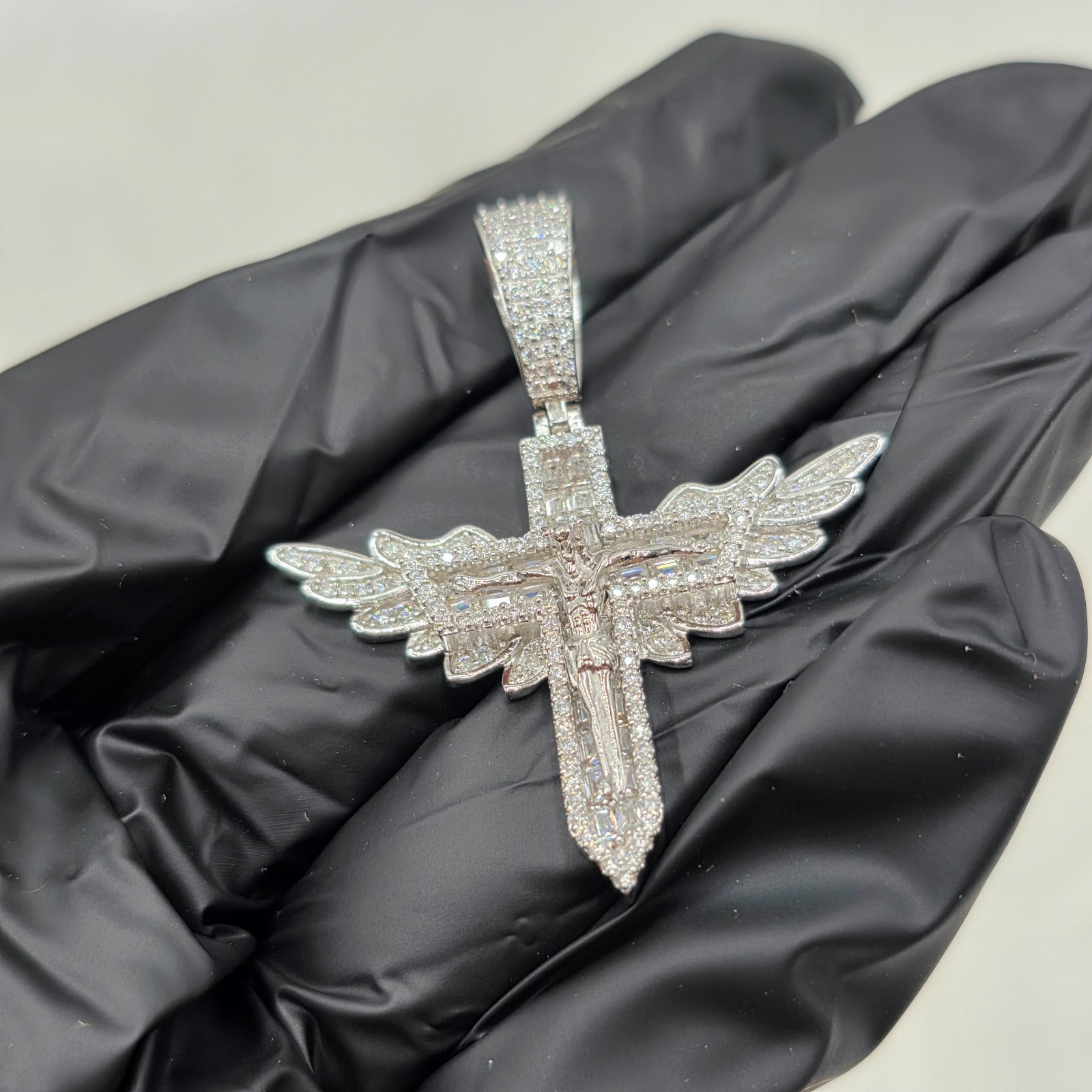 Moissanite Jesus Crucifix Cross Angel Wings Pendant 925 Sterling Silver Lrg Bail