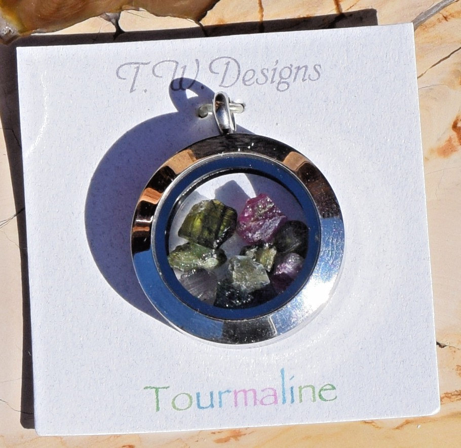 Tourmaline Floating Gems Polished Stainless Steel Locket Pendant