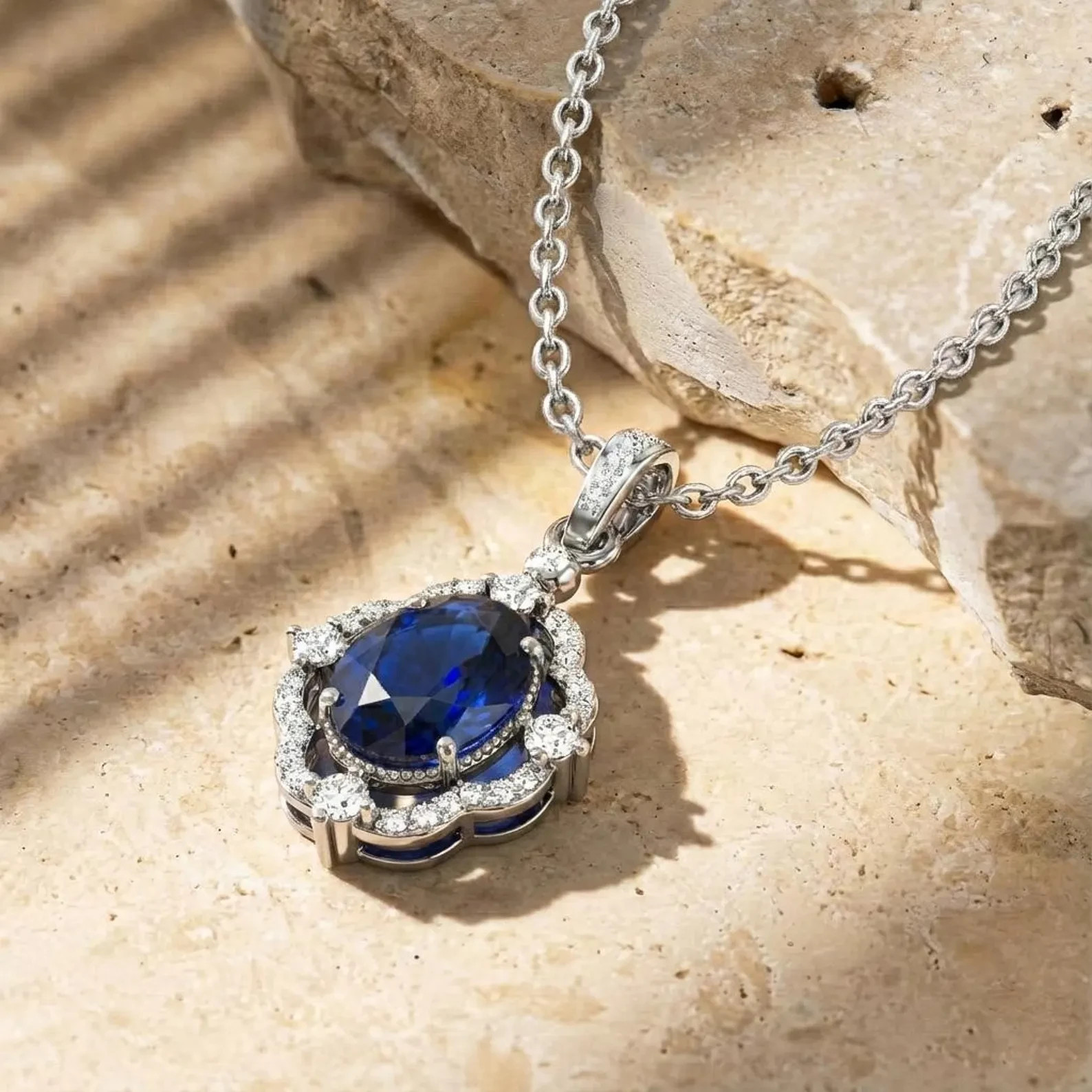 4.50 Ct Oval Cut Natural Sapphire Diamond Gorgeous Pendant 14K White Gold