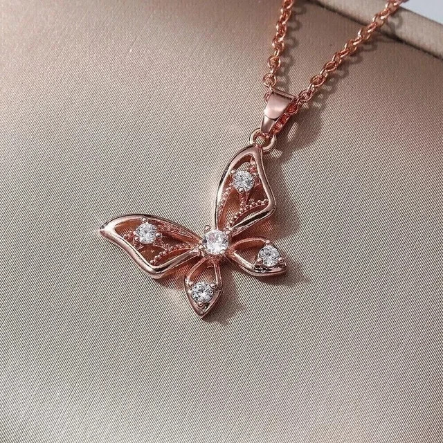 Lab Grown 1.50ct Diamond Butterfly Women’s Pendant Chain In 14k Rose Gold Plated