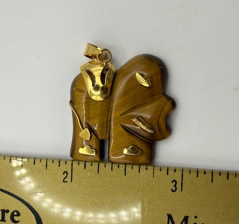 Large Solid 14K Gold Natural Tiger’s Eye Elephant Pendant For Necklace