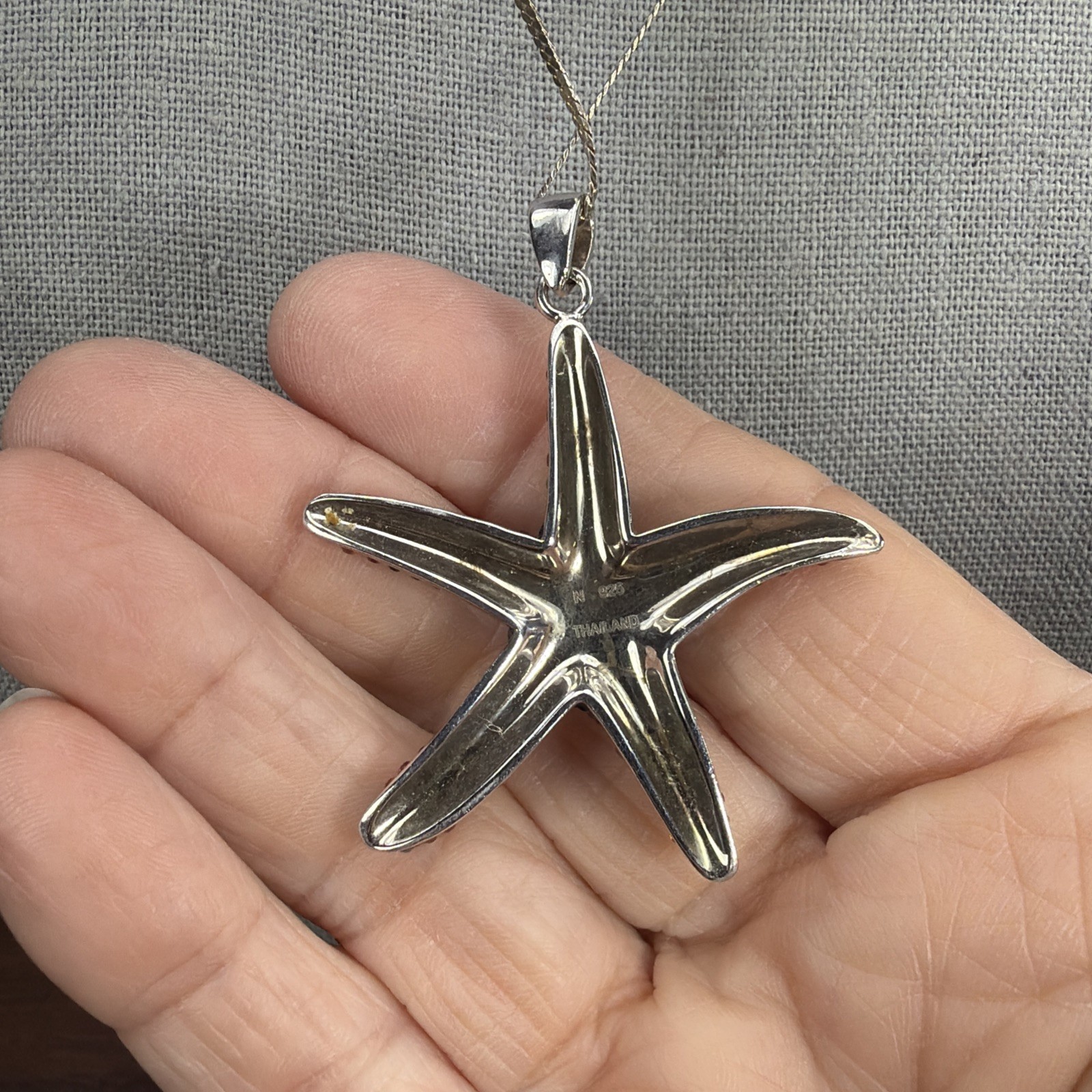 Sterling Silver Pave Multicolor Rainbow Rhinestone Starfish Pendant Thailand 16″