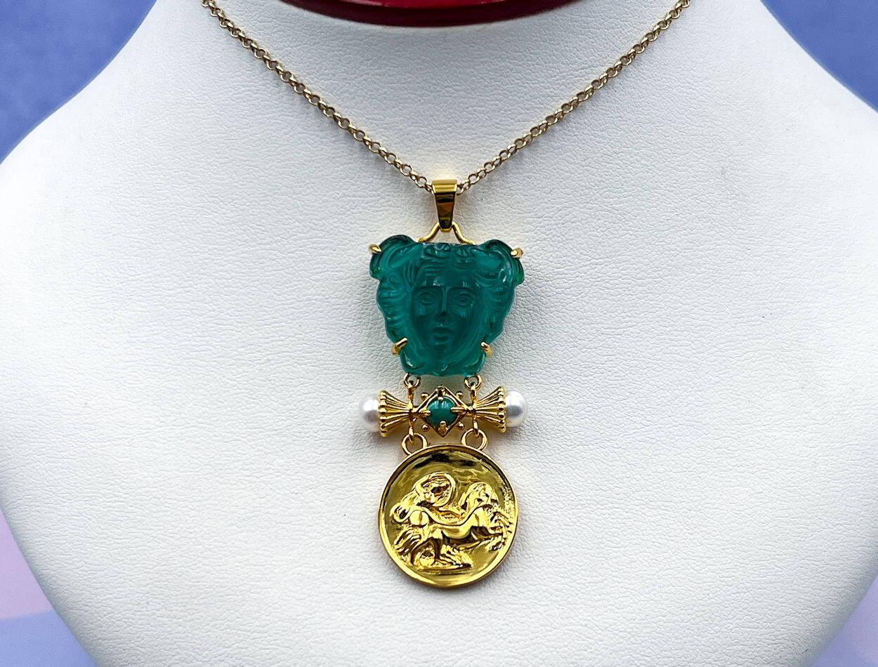 TAGLIAMONTE (2179P) 925SS/YGP Venetian Cameo Pendant *Malachite, Pearls*Reg.$200