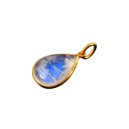14K Gold Natural Moonstone Teardrop Pendant Blue Flash Gemstone Charm 3151