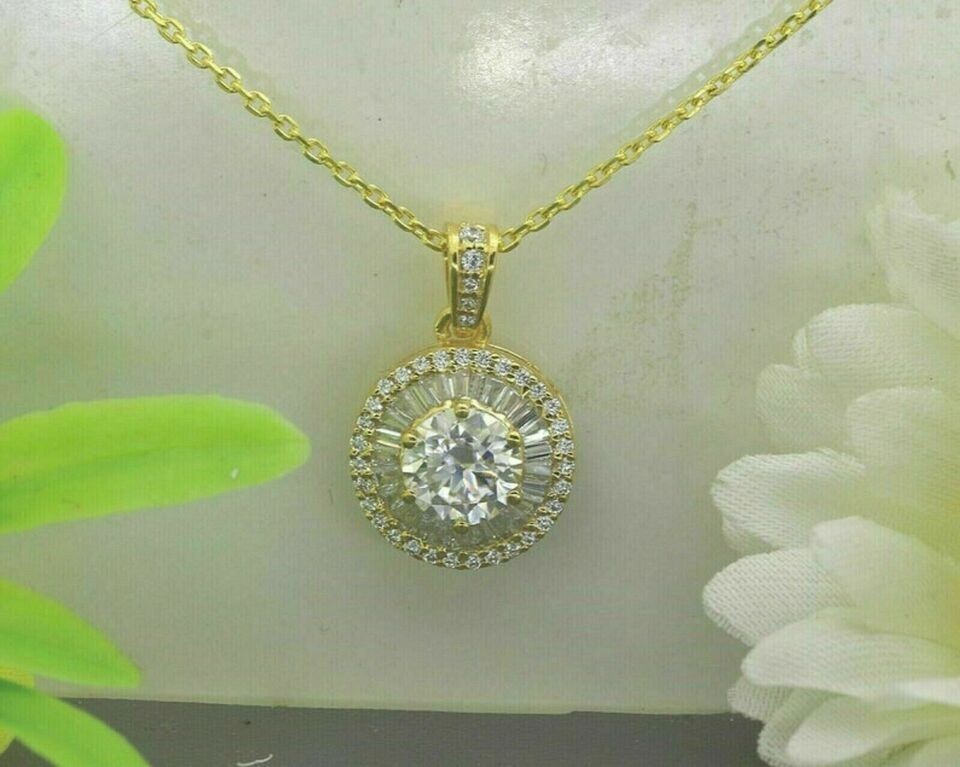 3Ct Round Cut Lab-Created Diamond Pendant Free Chain 14k Yellow Gold Finish