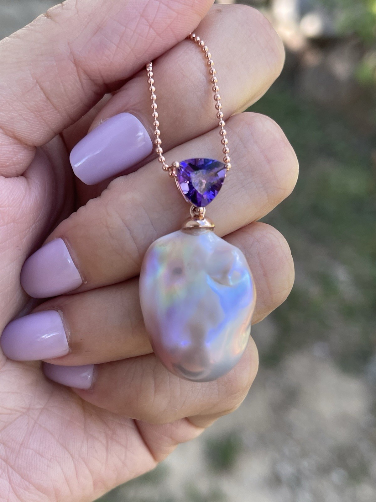 New 9ct Rose Gold Genuine Natural Colored Baroque Pearl Pendant With Amethyst