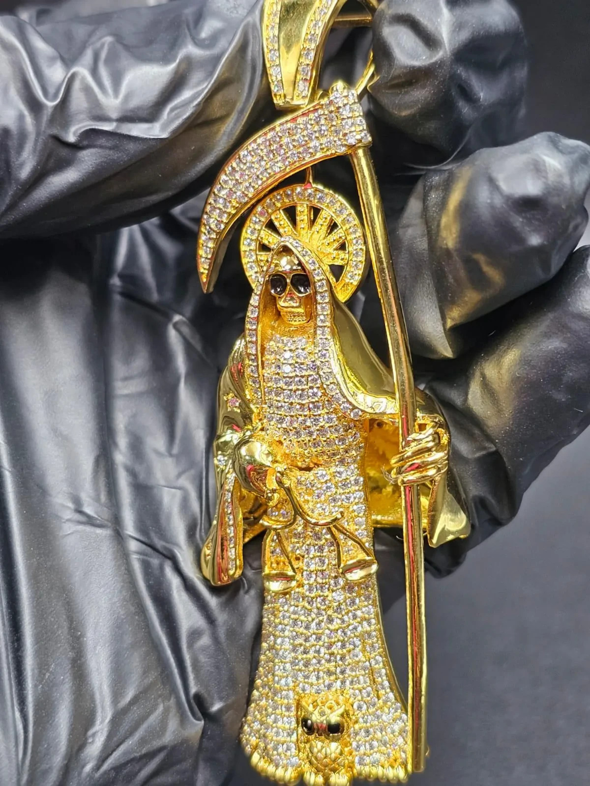 3Ct Round Cut Moissanite Grim Reaper Santa Muerte Pendant 14K Yellow Gold Plated