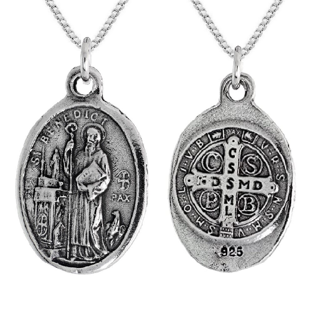 Sterling Silver St Benedict Oval-Shaped Medal Pendant / Charm, Italian Box Chain