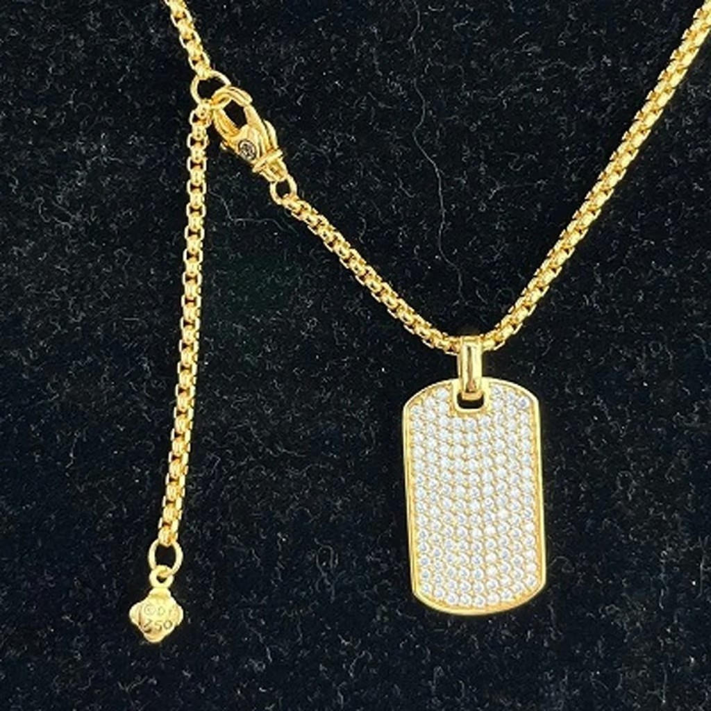David Yurman Gold Tone Paved Dog Tag Pendant Necklace