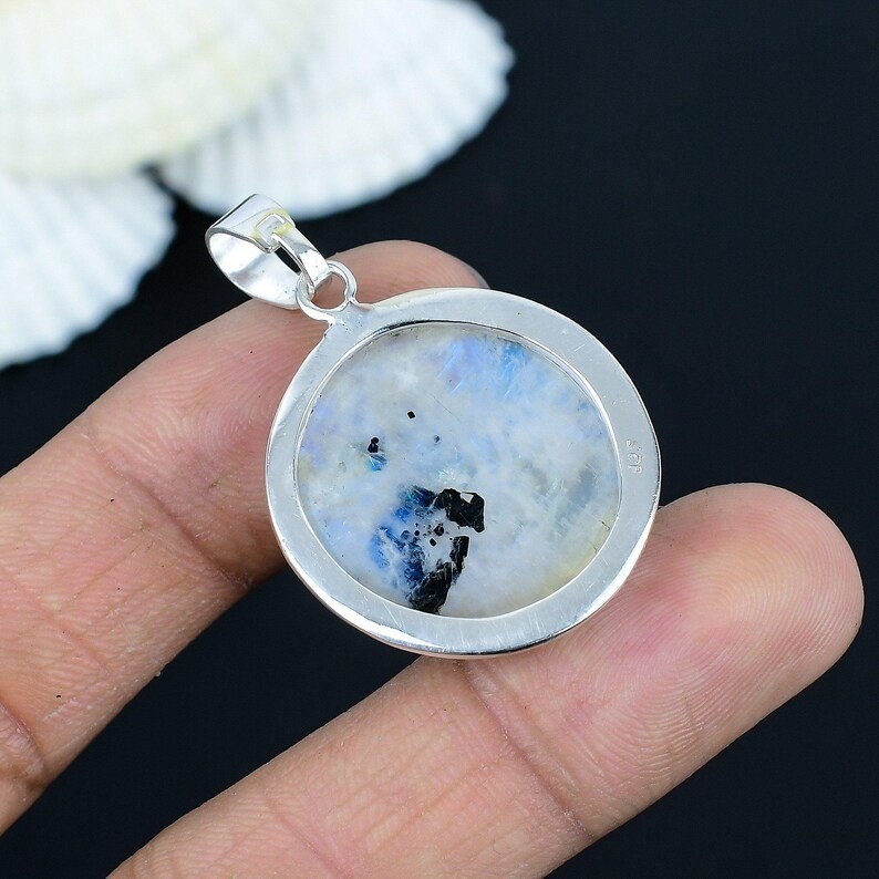 Natural Rainbow Moonstone Gemstone Pendant 925 Sterling Silver Handmade Jewelry