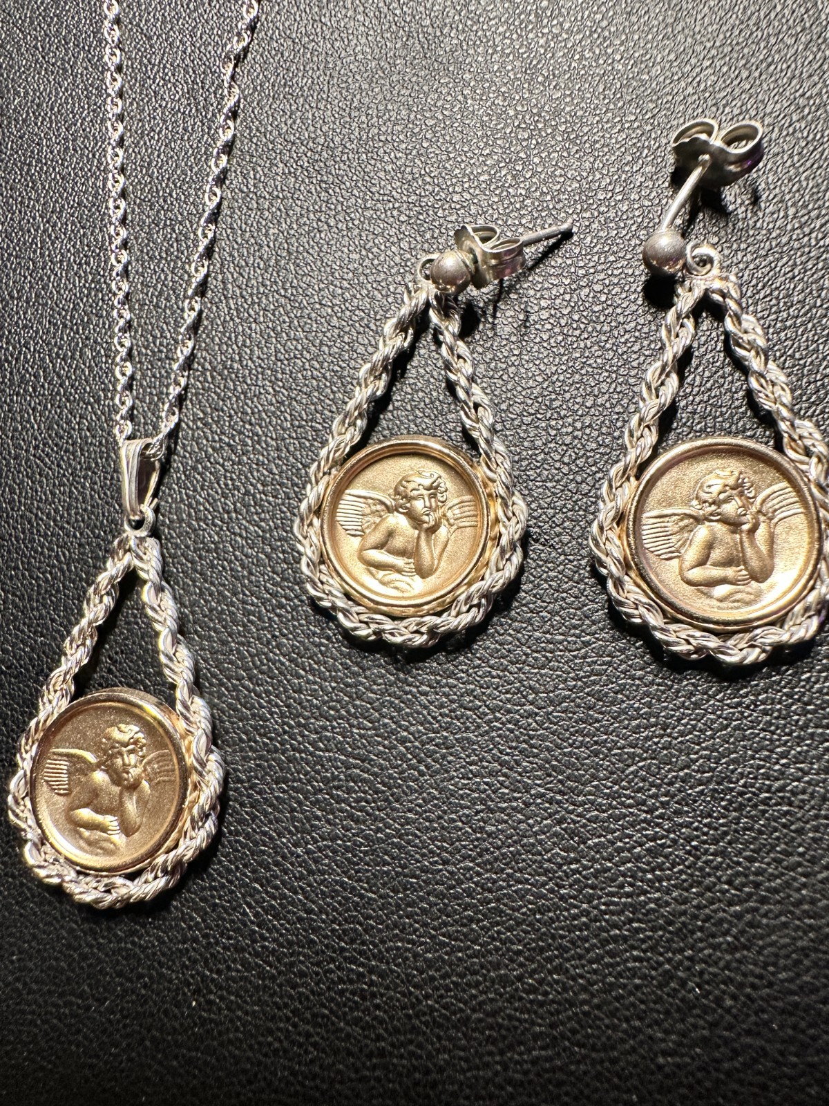 10k Gold Angels In Sterling Silver Mounts Chain & Earrings Set – 5.4 grams