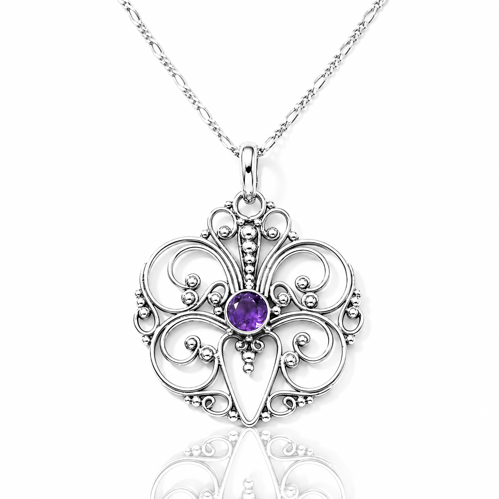 Vintage 925 Sterling Silver Amethyst Bali Filigree Necklace