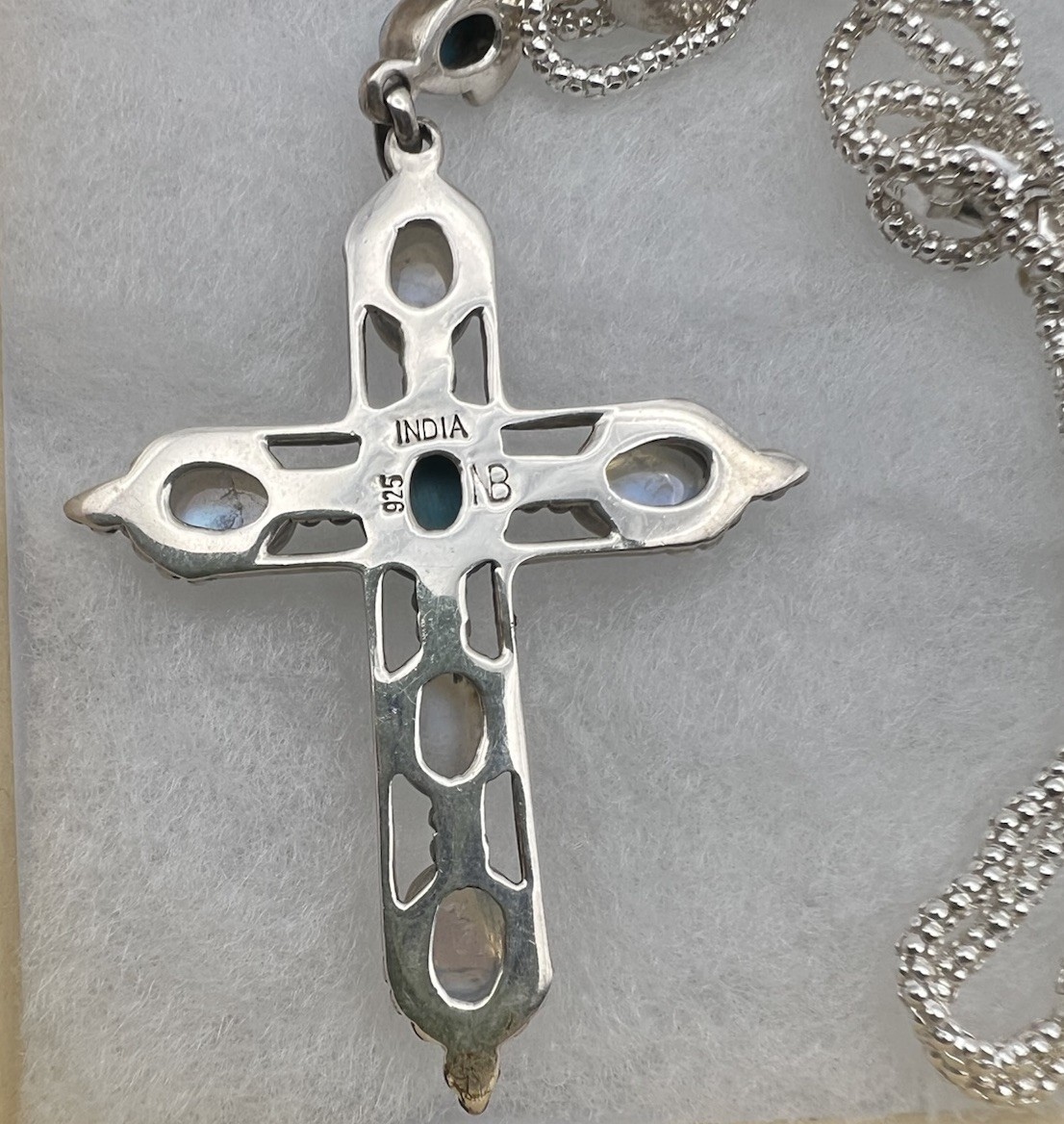 Signed Nicky Butler .925 Sterling Silver Cross Pendant Necklace Gem & Moonstones
