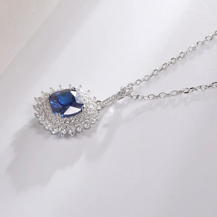 2Ct Cushion Shape Sapphire Solitaire Pendant Free Chain 14k White Gold Finish