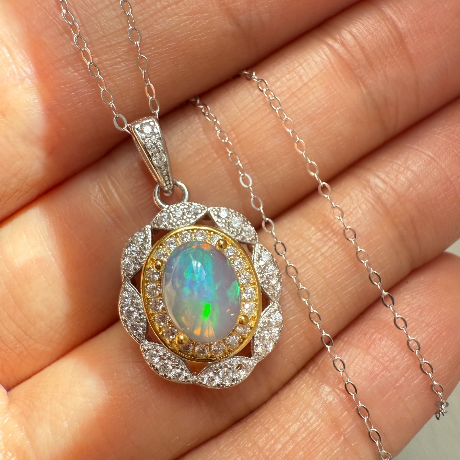 925 Sterling Silver Necklace 8x6mm Natural Opal Handmade Flower Birthstone