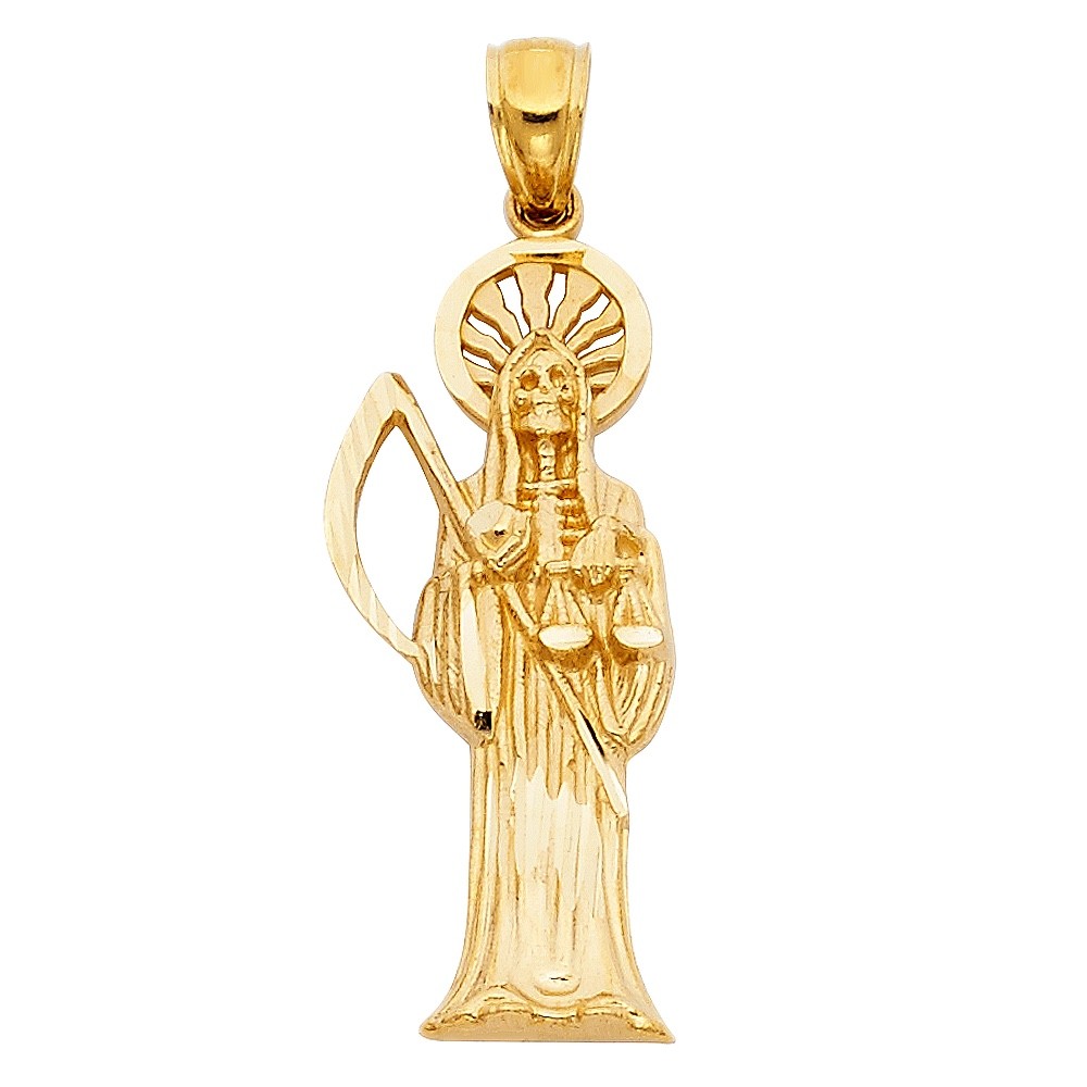14K Solid Gold 1.5″ Grim Reaper, Holy Death Pendant-14K Gold Santa Muerte-PT1158