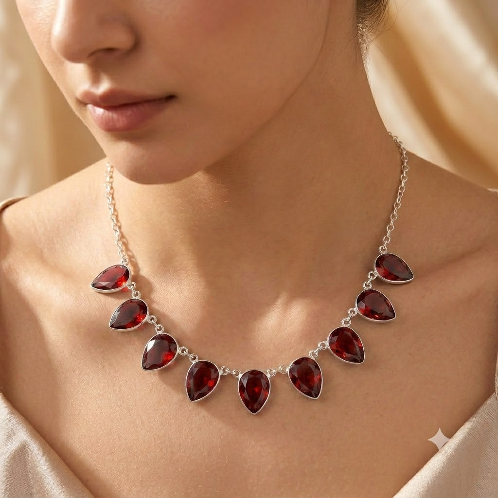 Red Garnet Necklace 925 Sterling Silver Handmade Minimalist Jewelry S-18