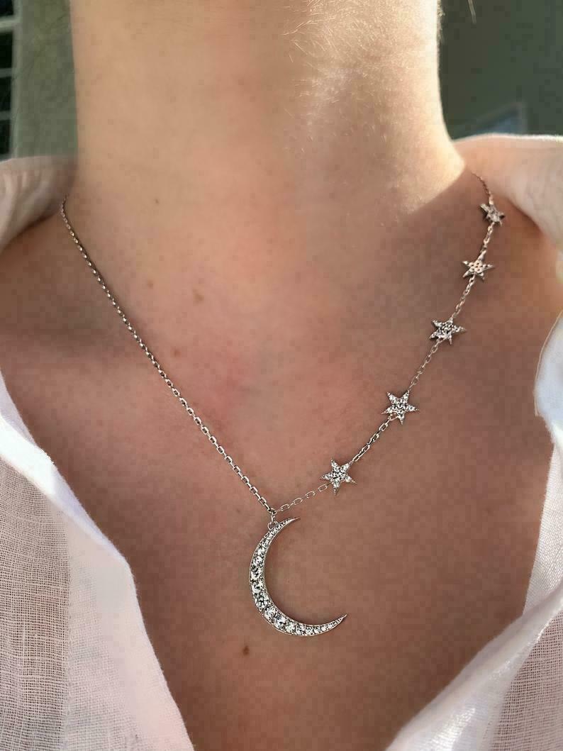 Dainty Crescent Moon Dangling & Star 1.58CT Diamond Necklace 14K White Plated