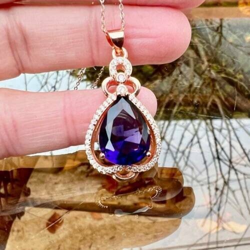 5Ct Pear Cut Amethyst Diamond Teardrop Pendant 14K Rose Gold Finish Free Chain