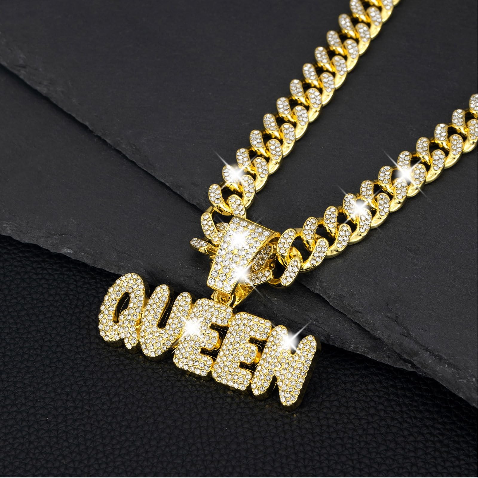 Queen Hip-hop Cuban Chain, Rhinestone Pendant Necklace Jewelry For Women，Women’s