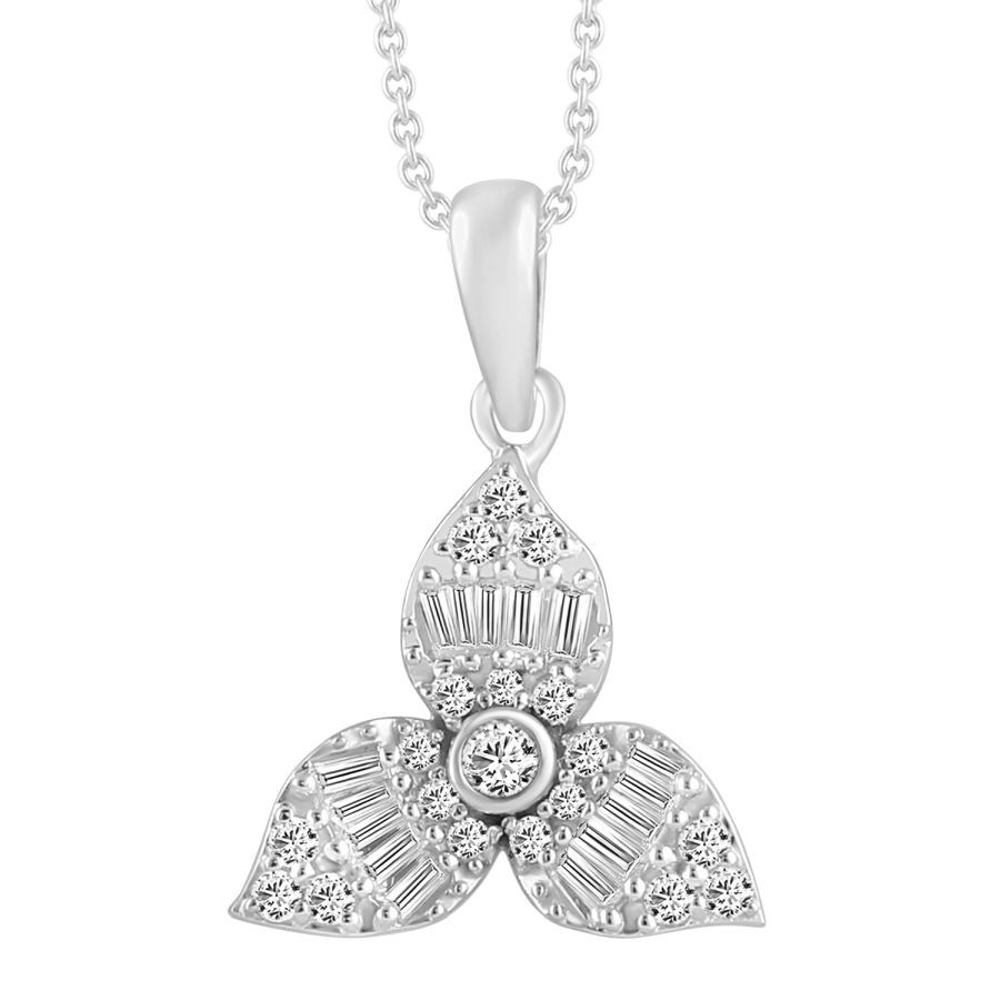 Ladies Pendant With Chain 0.25ct Round Baguette Diamond 10k White Gold