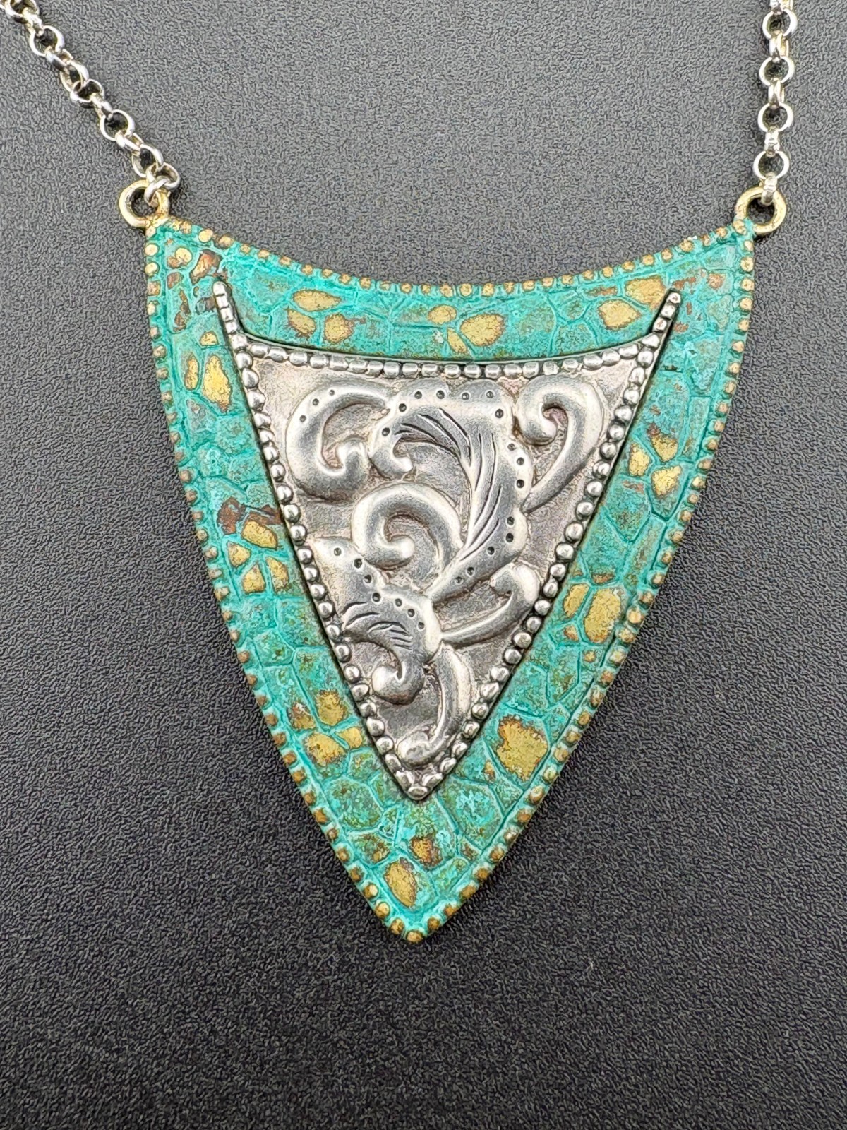2″ Silpada “Patina Shield” Sterling Silver & Brass Necklace 22″ to 25″ – N3018