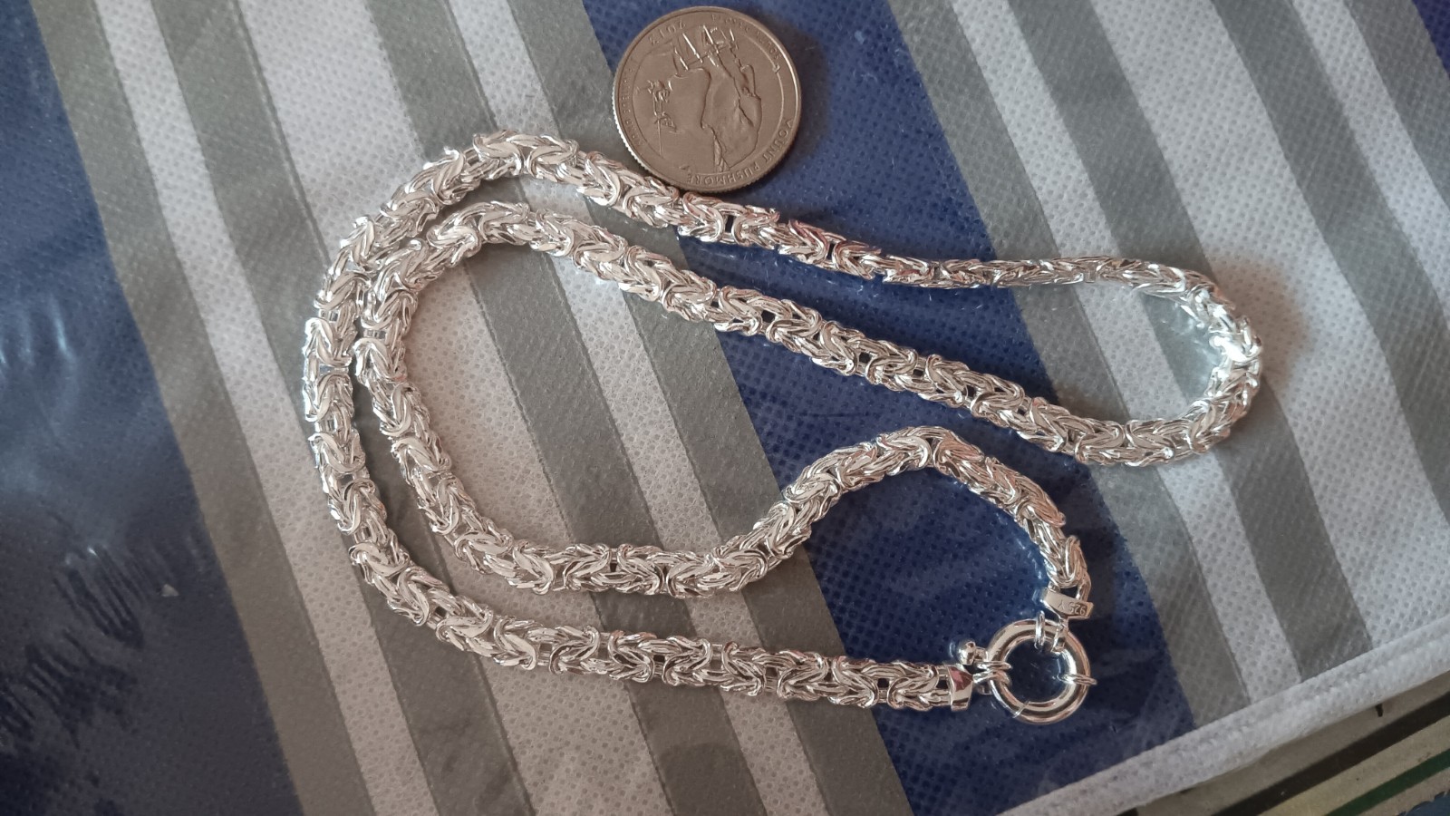 925 Sterling Silver Byzantine Chain Necklace Spring Ring Clasp Signed Silver