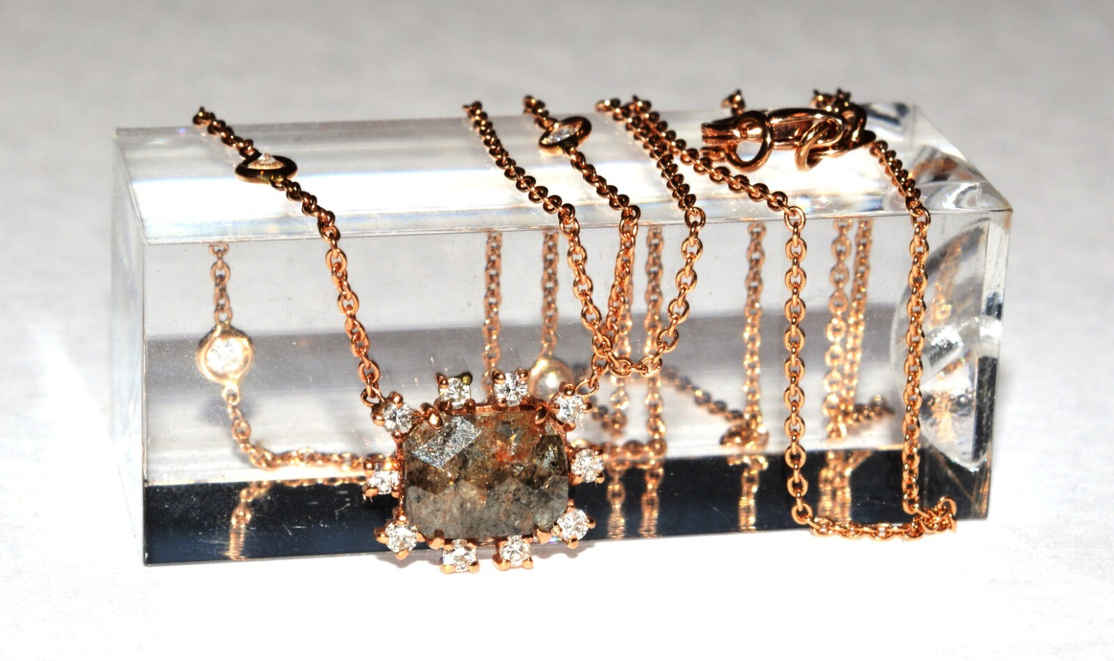 Unique Solid 14k Rose Gold Grey Rose Cut Diamond w White Diamond Accent Necklace