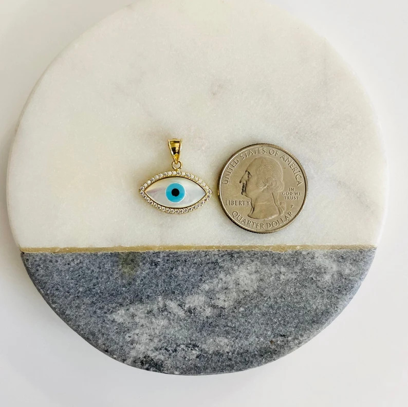 14k Solid Gold Mother of Pearl Evil Eye 20mm Pendant – PT2231