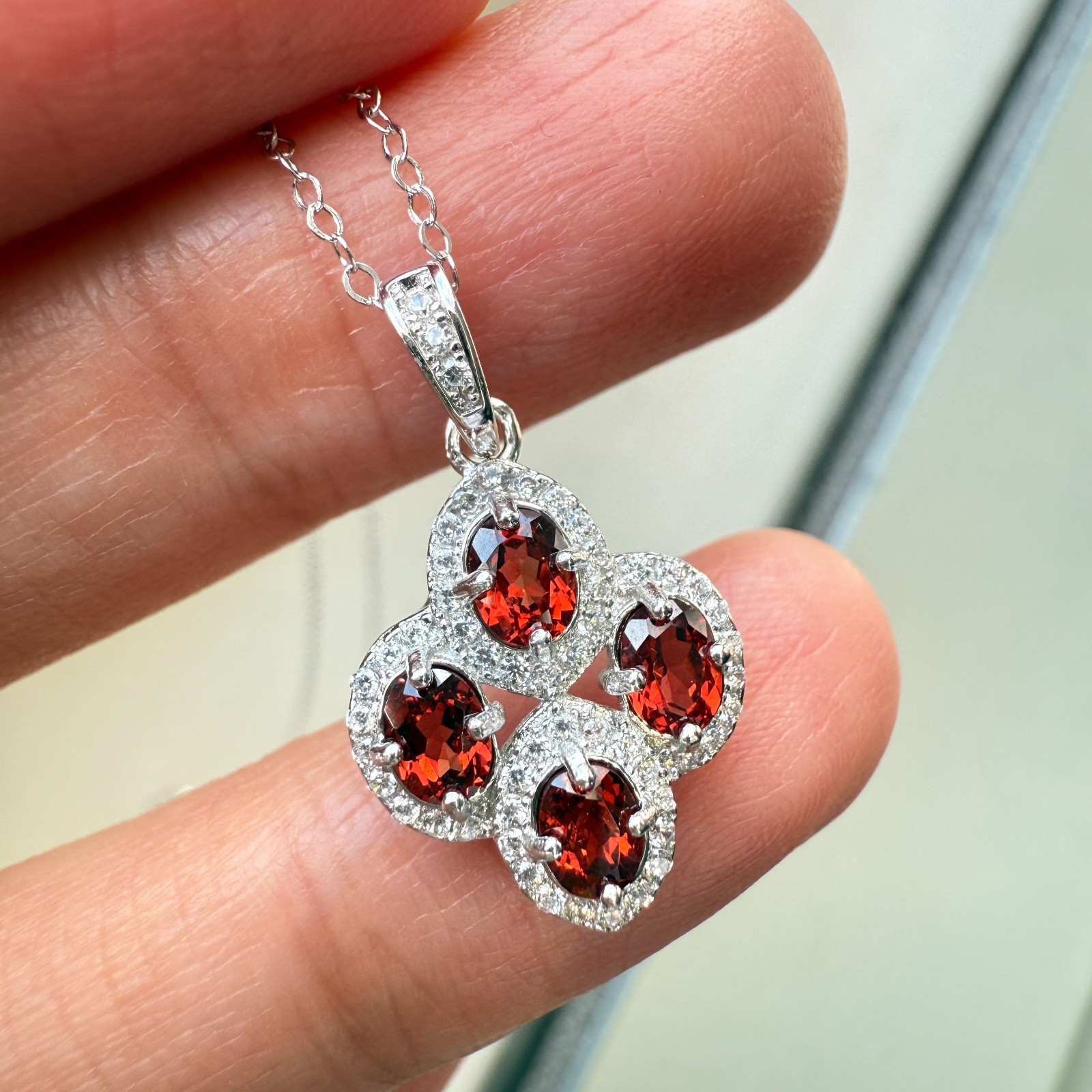 925 Sterling Silver Necklace 4x3mm Natural Garnet Gemstone Zircon Flower Chain