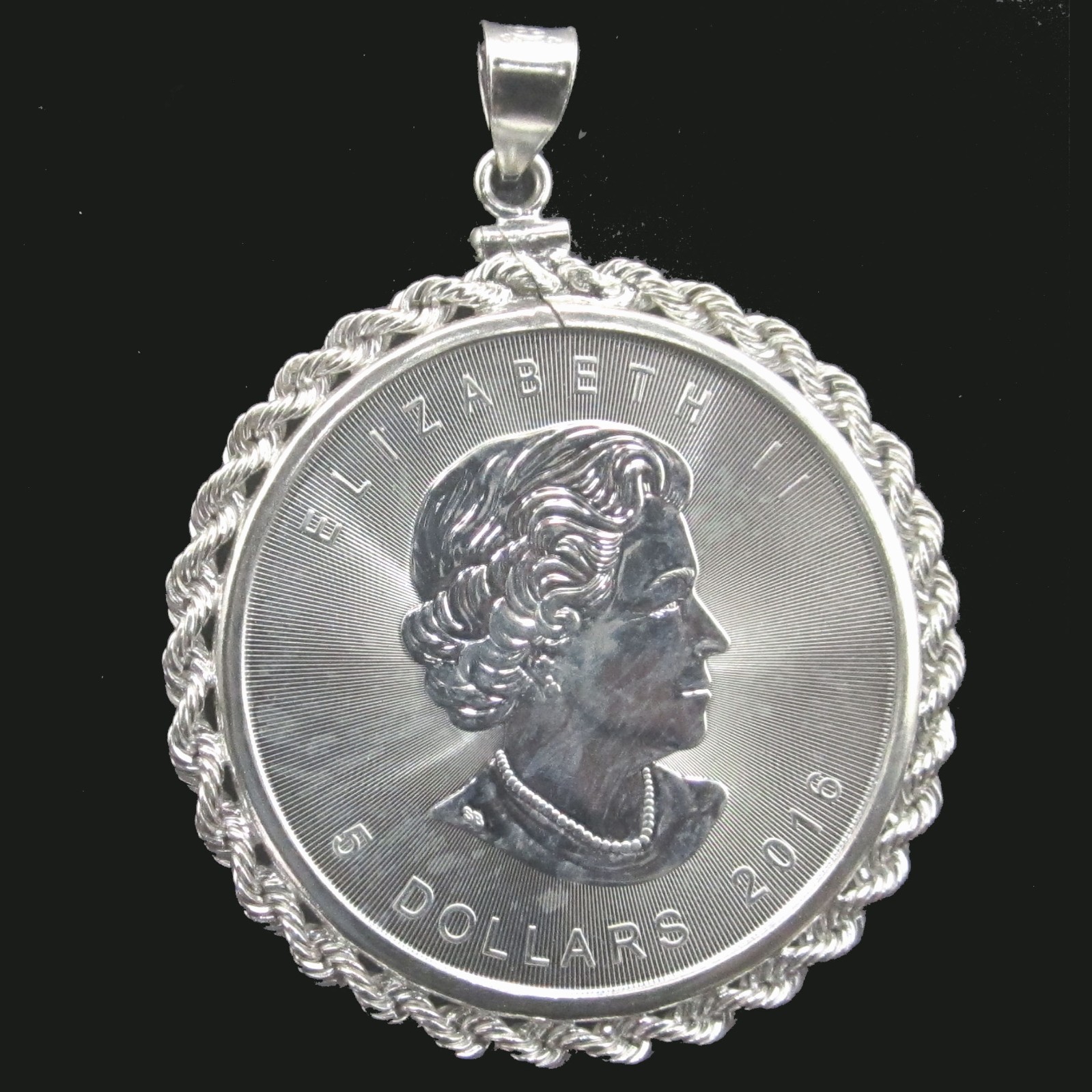 Coin Pendant 2016 1 oz. Fine Silver Canada Maple Leaf Sterling Silver Rope Bezel
