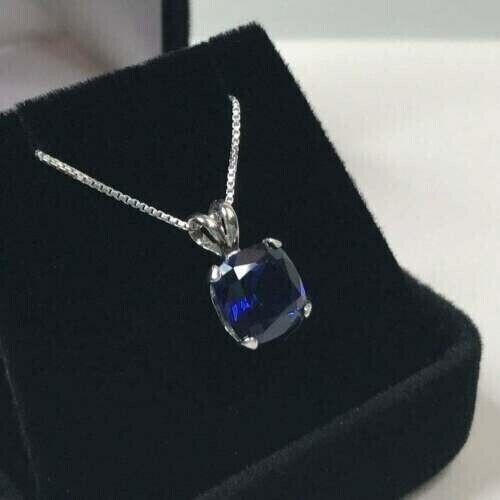 2Ct Cushion CutLab-Created Blue Sapphire Solitaire Pendant 14K White Gold Plated