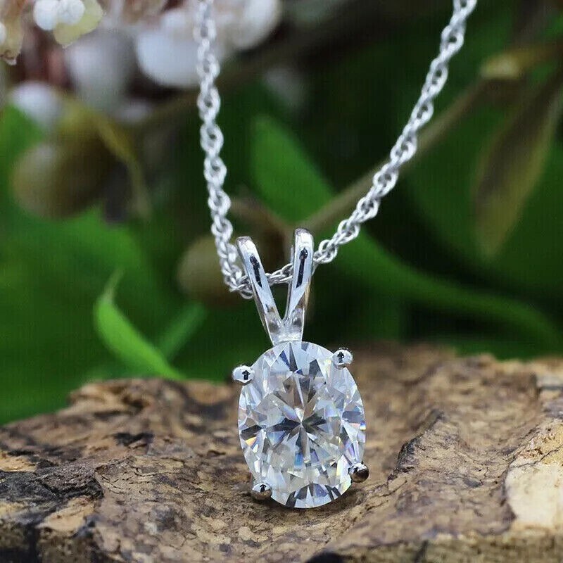 2.00 Ct Oval Cut Real Moissanite Solitaire Pendant Necklace 925 Sterling Silver