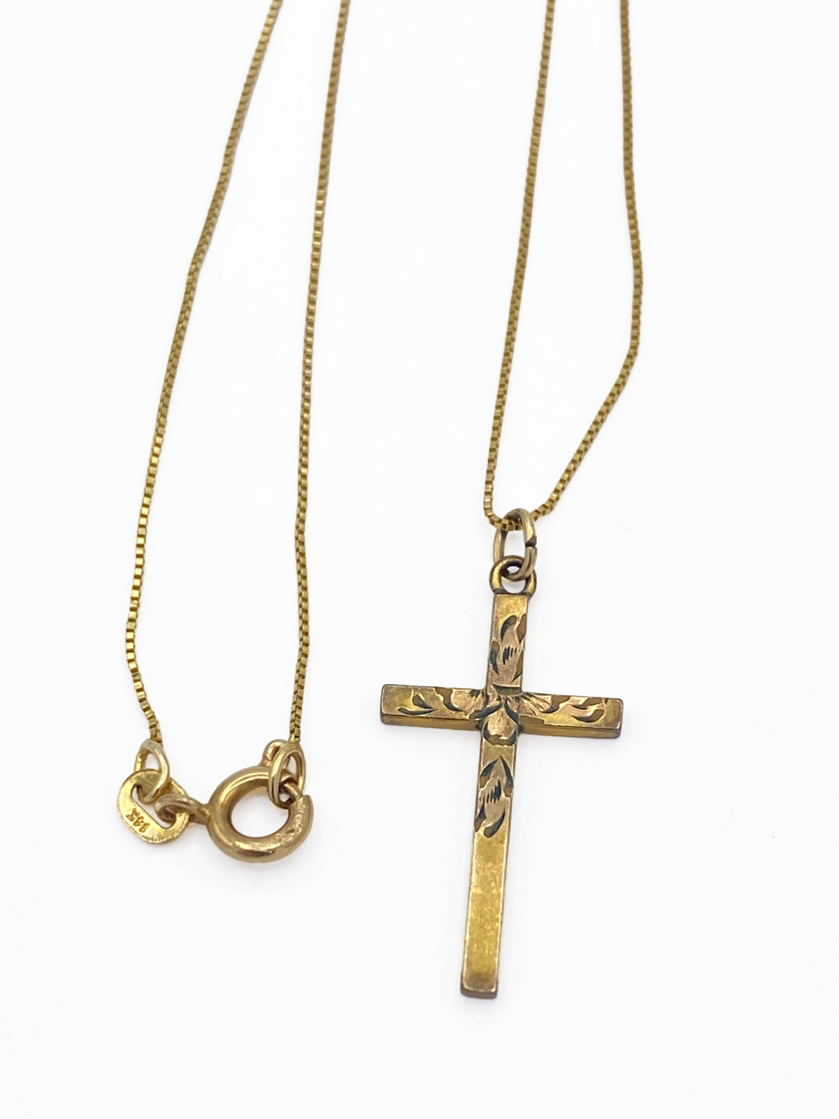 14K Necklace RCI Box Chain 17.75″ w 1/20 12K Gold Filled Engraved Vintage Cross