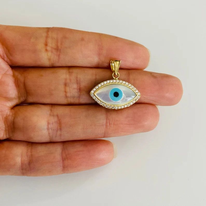 14k Solid Gold Mother of Pearl Evil Eye 20mm Pendant – PT2231