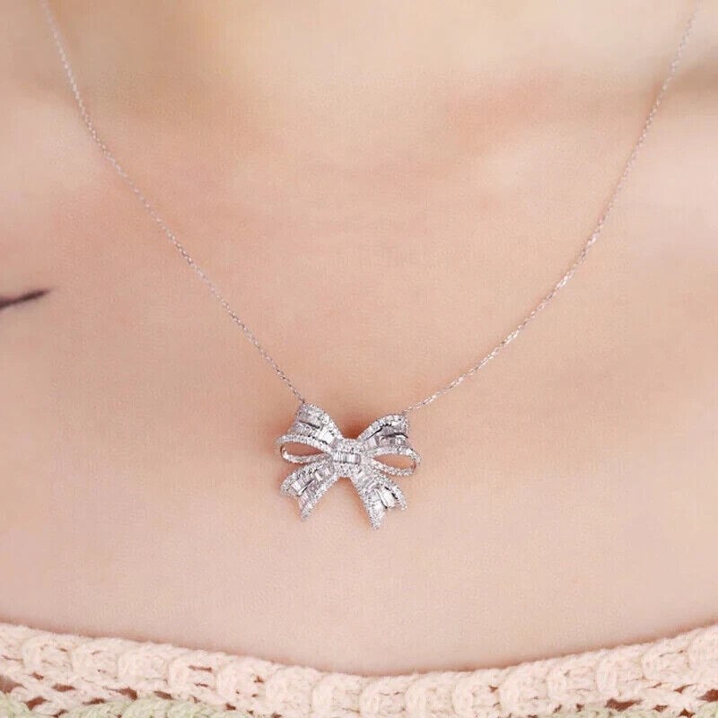 Beautiful 3Ct Baguette Lab-Created Diamond 14k White Gold Plated Bow Pendant 18″