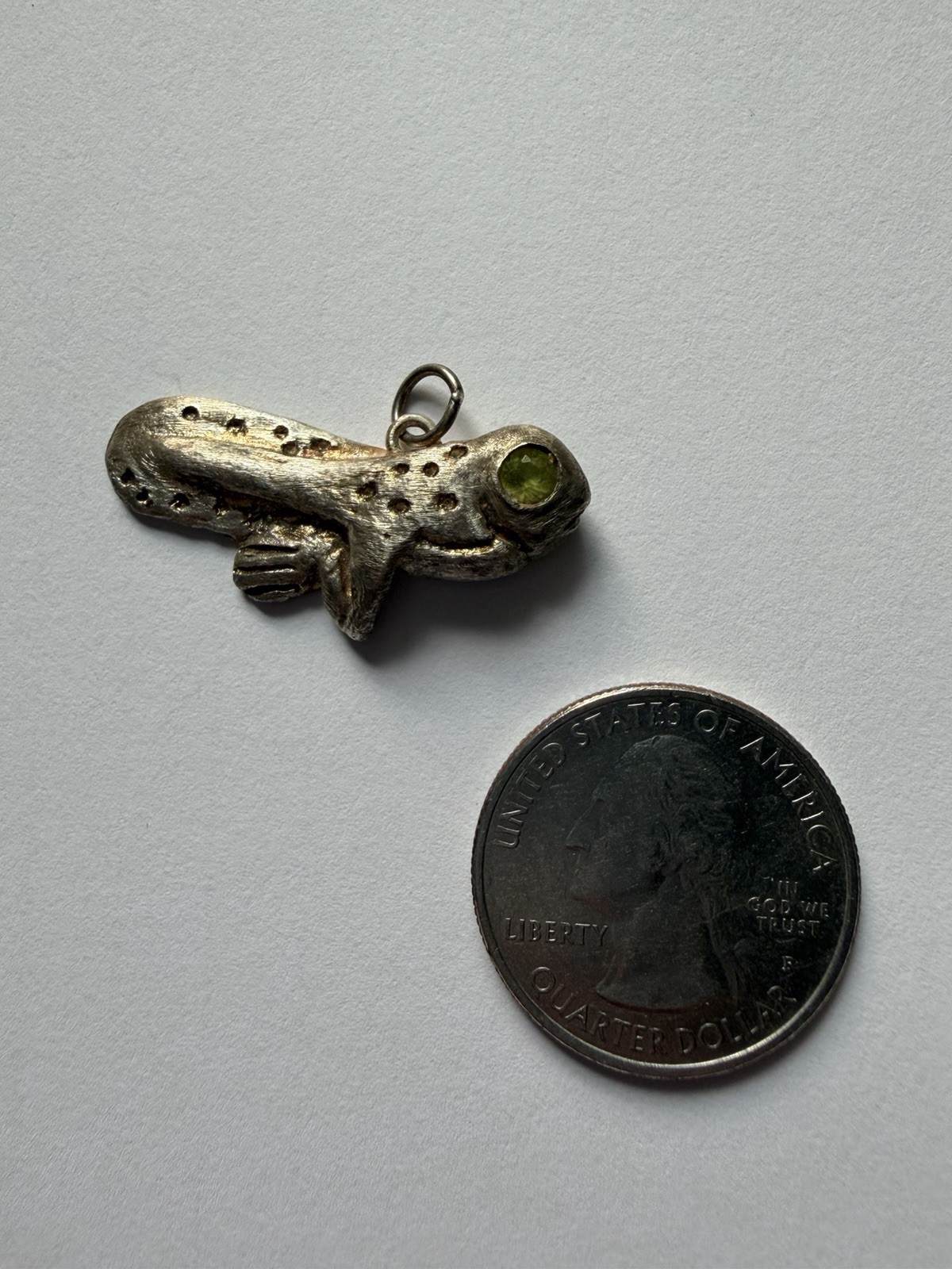 Handmade Sculpted Art Clay Silver & Peridot Gem Tadpole Pendant Charm